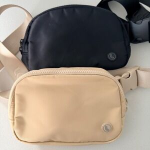 Lot of 2 Lole Mini Belt Bag Duo Black Tan Nylon Crossbody Fanny Pack Travel‎